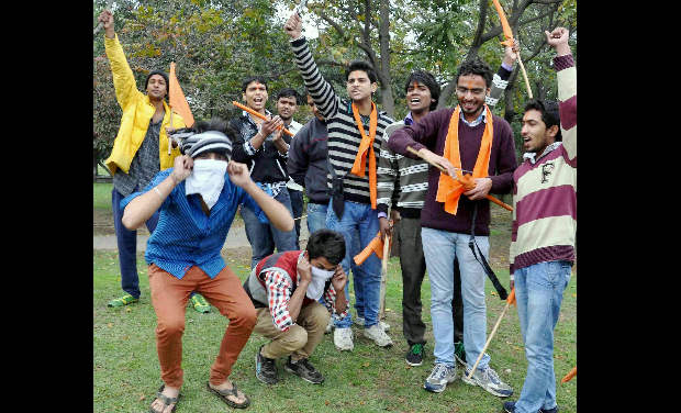 Activists of Bajrang Dal punishing youngsters for celebrating the Valentine's Day in Faridabad on Friday - PTI Activists of Bajrang Dal punishing youngsters for celebrating the Valentine's Day in Faridabad on Friday - PTI